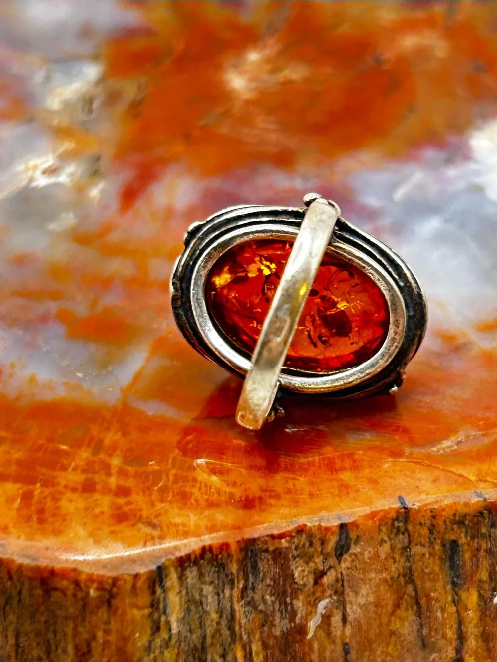 Vintage Sterling Silver Amber Ring - Size 6